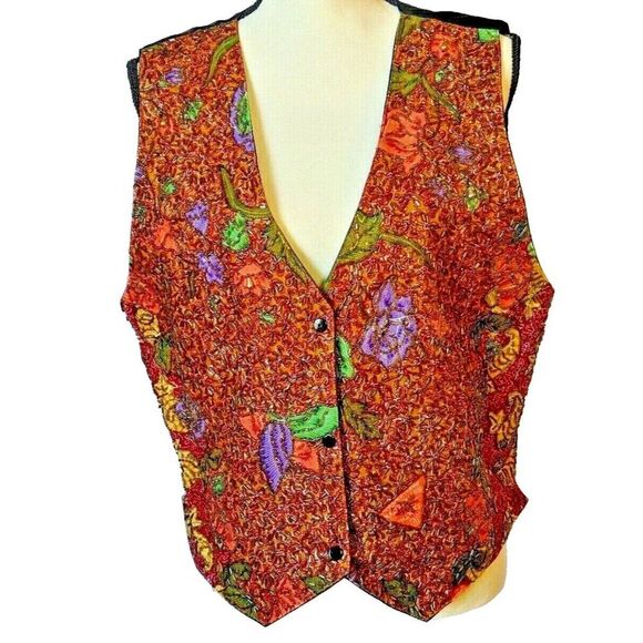 Ana Mori Orange Floral Leaves Fall Thanksgiving Beaded Vest Women's One Size - Picture 1 of 4